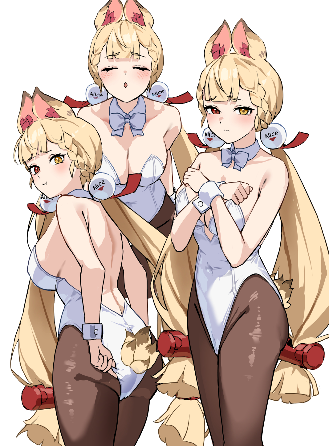 uuroncha, alice thymefield, zenless zone zero, highres, 1girl, animal ears, ass, back, blonde hair, blush, braid, breasts, brown pantyhose, closed eyes, hair ornament, heterochromia, leotard, long hair, looking at viewer, looking back, low twintails, medium breasts, multiple views, open mouth, orange eyes, pantyhose, rabbit ears, rabbit girl, rabbit tail, sphere hair ornament, tail, thighs, twintails, white leotard, yellow eyes