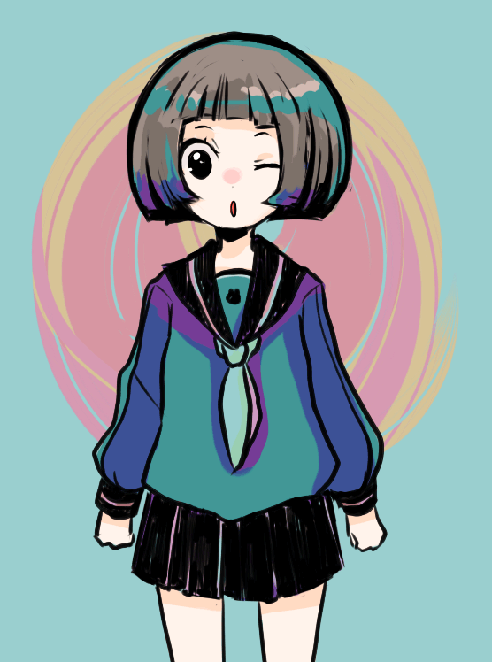 tomoya (artist), original, bad id, bad pixiv id, brown hair, one eye closed, school uniform, serafuku, short hair, solo, wink