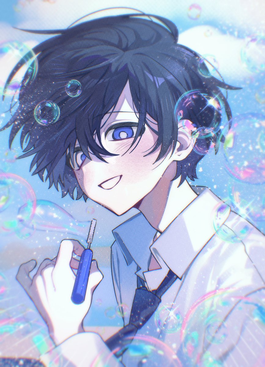 original, highres, 1boy, black hair, blue eyes, blue necktie, blue sky, blush, bubble, cloud, collared shirt, flee on, hair between eyes, hand up, heterochromia, holding, long sleeves, looking at viewer, male focus, mole, mole under eye, necktie, shirt, short hair, sky, smile, solo, upper body, white shirt