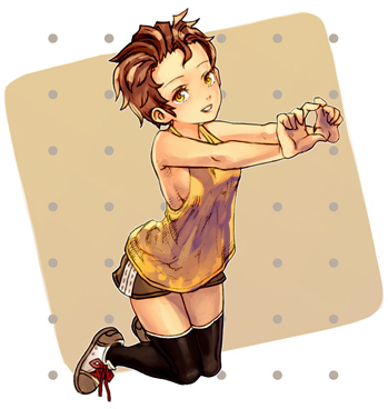 kawwa, natsuhara, original, lowres, brown hair, gym uniform, heart, kneeling, legs, short hair, shorts, smile, solo, tank top, thighhighs, tomboy, yellow eyes