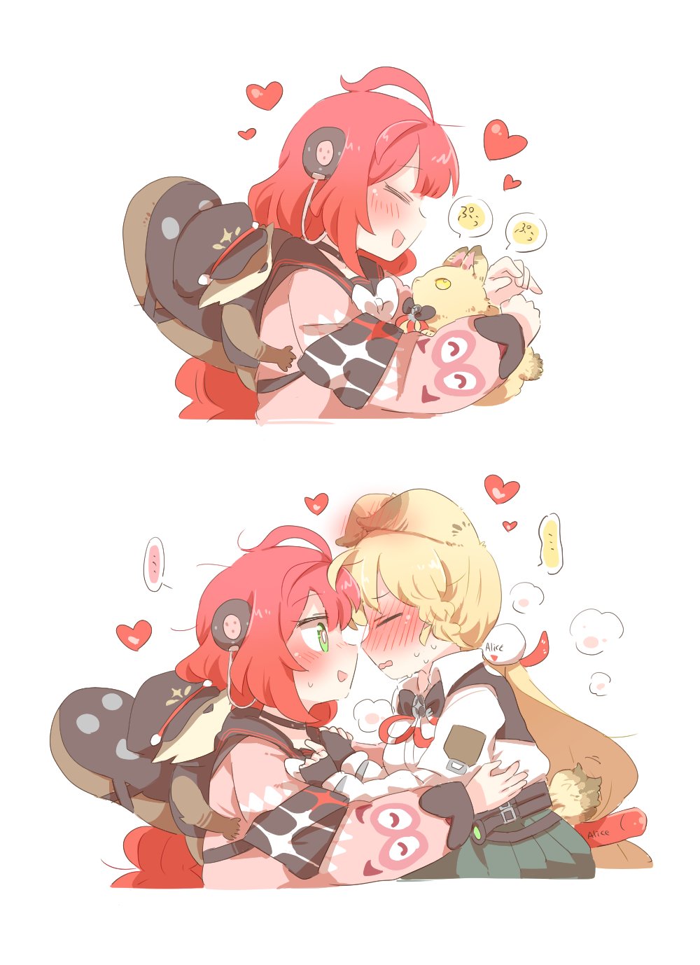 rebecca (keinelove), alice thymefield, kamanosuke (zenless zone zero), ukinami yuzuha, zenless zone zero, commentary request, highres, …, 2girls, :d, ahoge, animal ears, black choker, black gloves, black sailor collar, blonde hair, blush, bow, bowtie, choker, closed eyes, collared shirt, cropped torso, fingerless gloves, gloves, green eyes, green skirt, hair ornament, heart, long hair, long sleeves, low twintails, multiple girls, nose blush, open mouth, pink sweater, pleated skirt, pom pom (clothes), pom pom hair ornament, rabbit, rabbit ears, red hair, sailor collar, shirt, simple background, skirt, smile, spoken ellipsis, sweat, sweater, twintails, white background, white bow, white bowtie, white shirt, yuri