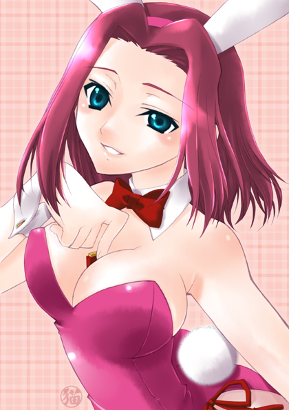 karamiti, kouzuki kallen, code geass, 00s, 1girl, animal ears, bare shoulders, between breasts, blue eyes, blush, breasts, cleavage, fake animal ears, female focus, large breasts, leotard, pantyhose, playboy bunny, rabbit ears, red hair, short hair, solo