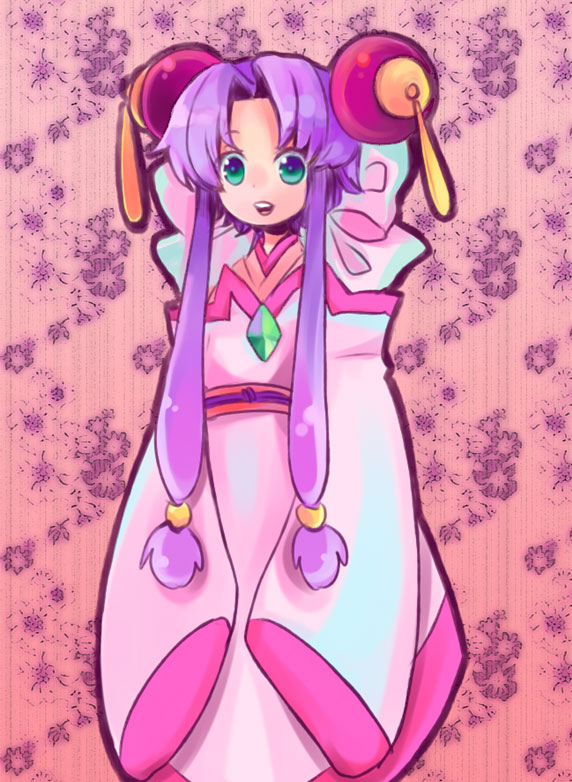 tomoya (artist), cherry (saber j), saber marionette j, bad id, bad pixiv id, 1990s (style), 1girl, bow, female focus, japanese clothes, long hair, low-tied long hair, pink background, pink bow, pink theme, purple hair, retro artstyle, solo, twintails