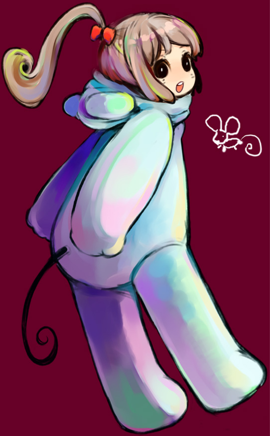 tomoya (artist), bad id, bad pixiv id, animal costume, brown hair, mouse costume, ponytail, solo, tail