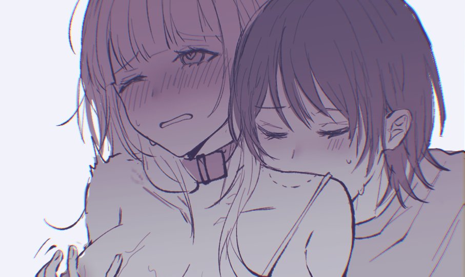 guiltyskullu, naoi (zenbu kowashite jigoku de aishite), yoshizawa kurumi, zenbu kowashite jigoku de aishite, commentary request, 2girls, bite mark, bite mark on shoulder, blush, breasts, closed eyes, collar, heart, heart-shaped pupils, lipstick mark, long hair, medium breasts, monochrome, multiple girls, nipples, one eye closed, shirt, short hair, symbol-shaped pupils, yuri