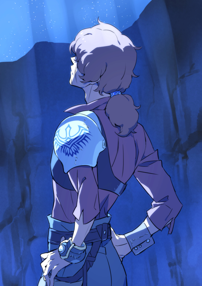 dasshu (dashi now), favaro leone, shingeki no bahamut: genesis, commentary request, 1boy, bracelet, from behind, hands on own hips, jewelry, looking up, male focus, night, outdoors, pants, ponytail, shirt, solo, star (sky)