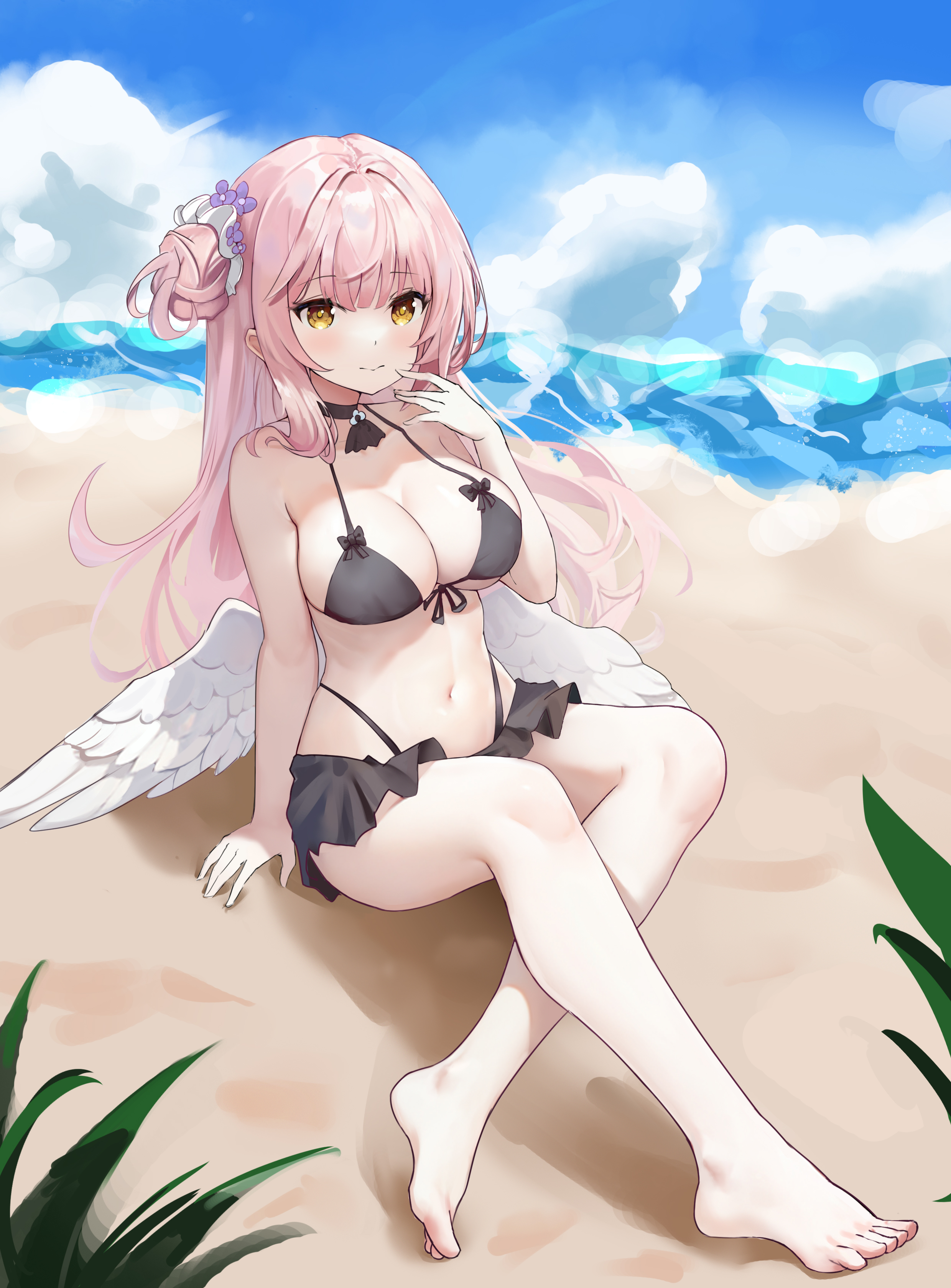 krm (user paff3275), mika (blue archive), blue archive, absurdres, highres, 1girl, alternate costume, angel wings, barefoot, beach, bikini, black bikini, black choker, blush, breasts, choker, cleavage, closed mouth, collarbone, feathered wings, flower, hair bun, hair flower, hair ornament, large breasts, low wings, navel, single hair bun, single side bun, sitting, solo, stomach, swimsuit, white wings, wings
