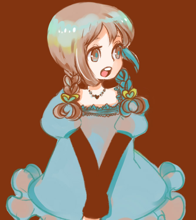 tomoya (artist), original, bad id, bad pixiv id, 1girl, braid, brown eyes, brown hair, female focus, hair over shoulder, sketch, solo, teeth, twin braids, twintails