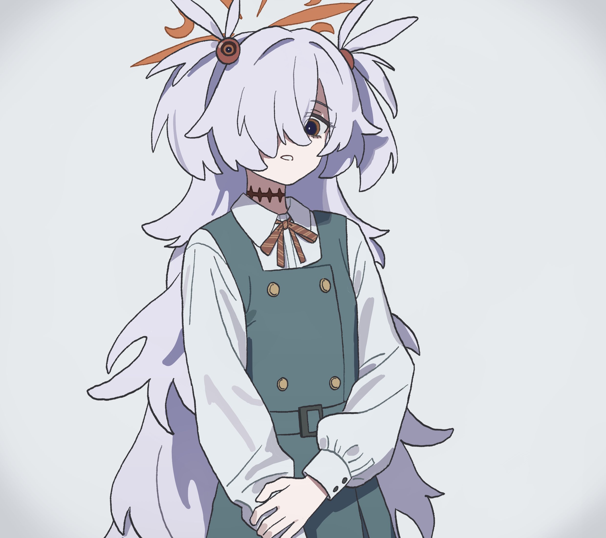 chiken2525, kanoe (blue archive), blue archive, highres, 1girl, collared shirt, dress, green dress, grey background, grey hair, hair ornament, hair over one eye, halo, holding own arm, long hair, long sleeves, looking at viewer, neck ribbon, parted lips, pinafore dress, ribbon, shirt, simple background, sleeveless, sleeveless dress, solo, two side up, very long hair, white shirt