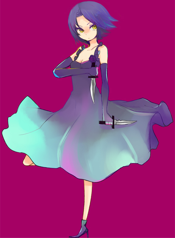 tomoya (artist), chane laforet, baccano!, bad id, bad pixiv id, 00s, 1girl, dress, dual wielding, elbow gloves, female focus, gloves, high heels, holding, knife, shoes, short hair, solo, yellow eyes