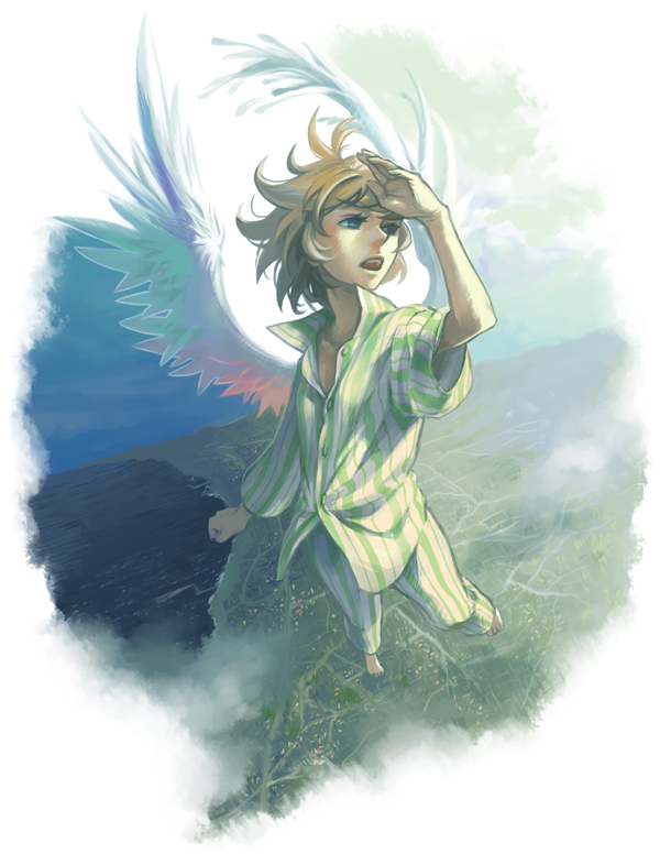 daybreak, yukihiko, original, 1girl, barefoot, city, cloud, female focus, flying, pajamas, solo, wind, wings