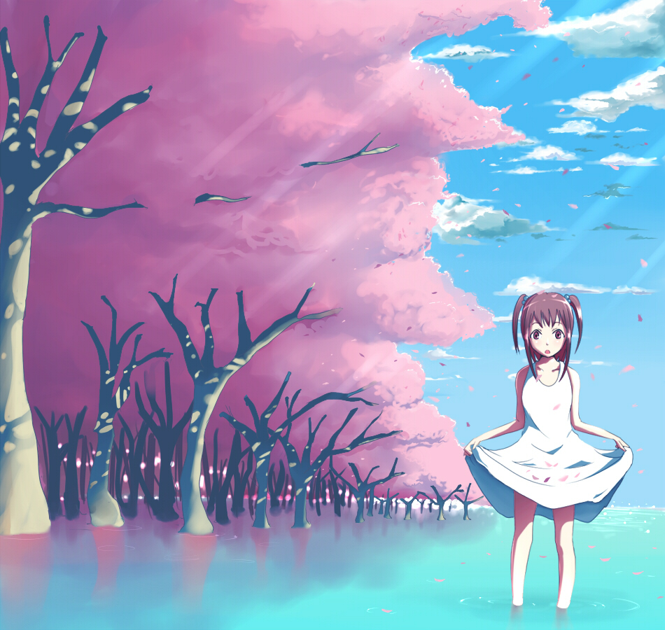 kasai shin, original, 1girl, :o, bare arms, bare shoulders, blue sky, brown hair, clothes lift, cloud, clound, collarbone, day, dress, dress lift, female focus, lifting own clothes, long hair, looking at viewer, outdoors, plant, reflection, skirt basket, sky, solo, standing, tree, twintails, wading, water