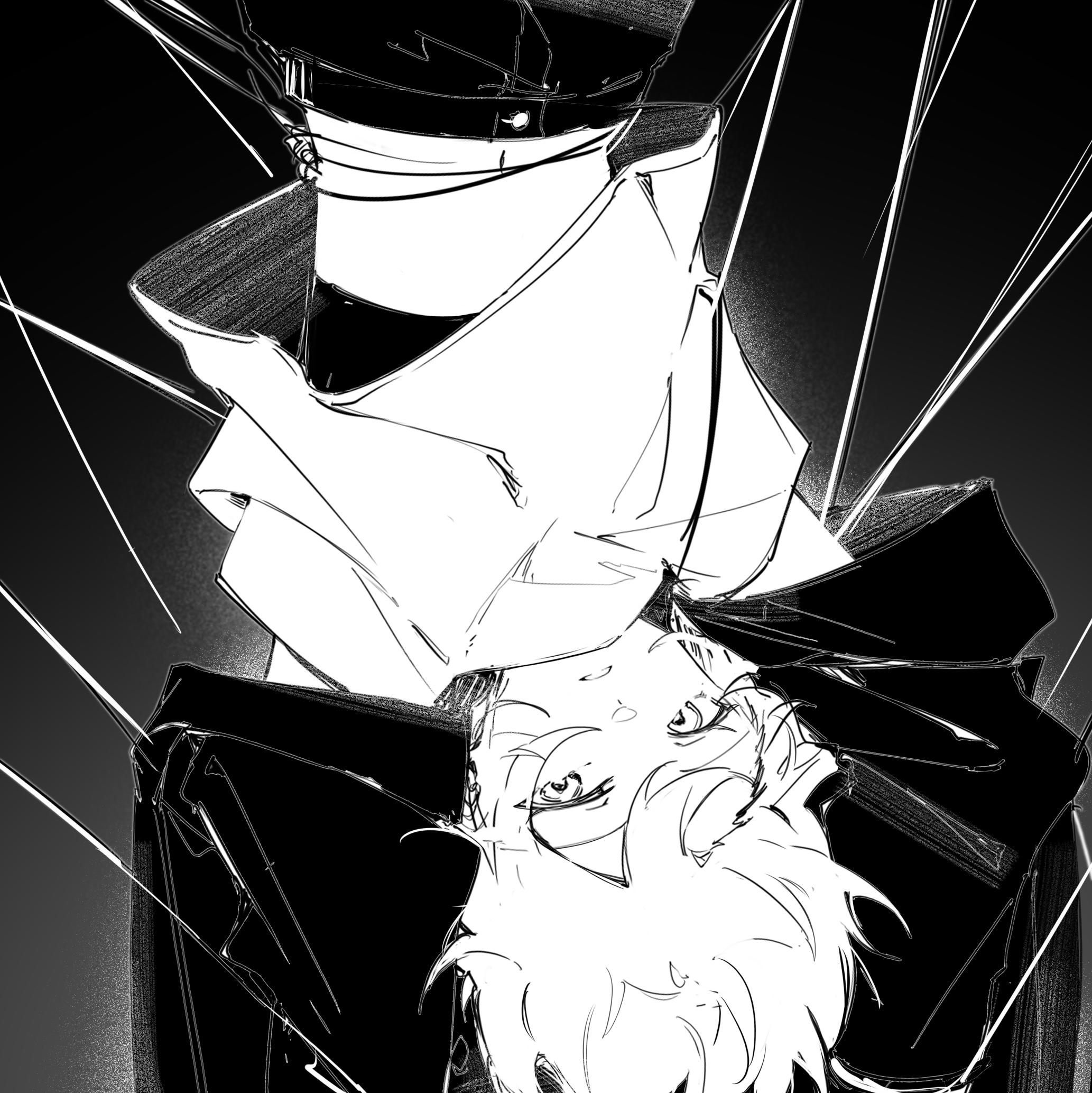 hibioes, character request, copyright request, highres, 1girl, greyscale, hair between eyes, midriff, monochrome, navel, open mouth, shirt, solo, upside-down