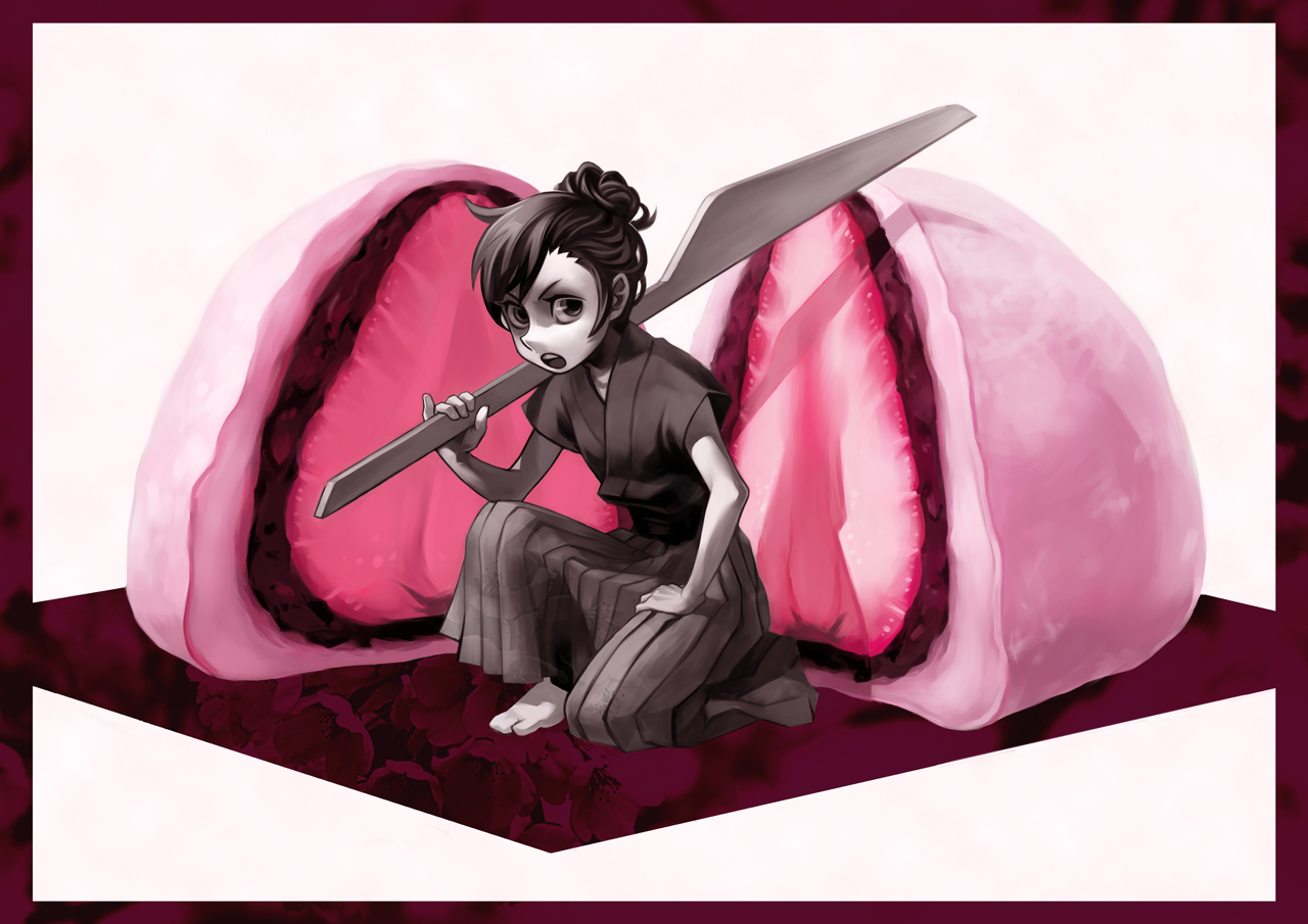 yukihiko, original, cross-section, food, fruit, japanese clothes, kneeling, knife, mini person, minigirl, on one knee, solo, strawberry