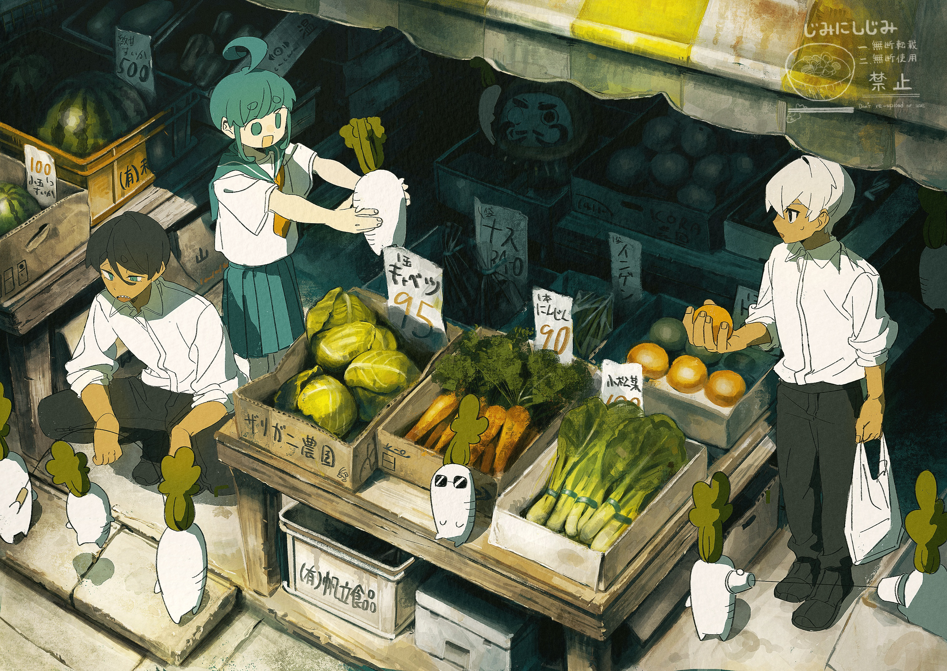 jimini shijimi, original, commentary request, highres, 1girl, 2boys, ahoge, ahoge girl (jimini shijimi), aqua eyes, aqua hair, aqua sailor collar, aqua skirt, arm at side, awning, bag, black pants, cabbage, carrot, collared shirt, creature, dark-skinned male, dark skin, food, fruit, hair between eyes, hand up, hands up, holding, holding bag, holding creature, holding food, holding fruit, jump rope, lettuce, long bangs, long sleeves, looking at another, looking at creature, looking to the side, market, multiple boys, neckerchief, no pupils, open mouth, orange (fruit), orange neckerchief, outdoors, outstretched arms, pants, pleated skirt, price, sailor collar, school uniform, shadow, shirt, shirt tucked in, short hair, short sleeves, sidelocks, sign, skirt, slice of life, squatting, standing, sunglasses, sunlight, turning head, vegetable, very short hair, watermark, watermelon, white-haired man (jimini shijimi), wing collar
