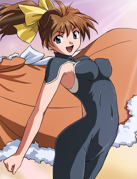 haruyama kazunori, miku (metal fighter miku), metal fighter miku, 1990s (style), 1girl, blue eyes, bodysuit, breasts, brown hair, covered erect nipples, female focus, jumping, large breasts, ponytail, retro artstyle, solo, spandex