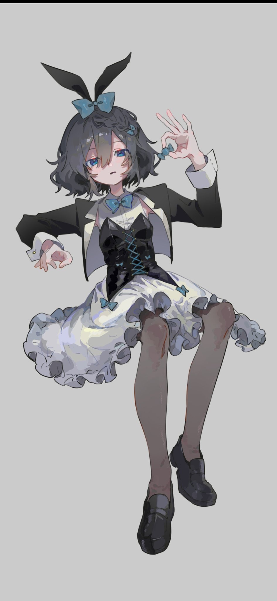 nobiu0112, original, highres, 1girl, animal ears, black corset, black hair, black jacket, blue bow, blue bowtie, blue eyes, bow, bowtie, braid, candy, corset, dress, fake animal ears, food, frilled skirt, frills, full body, hair between eyes, hair bow, holding, holding food, invisible chair, jacket, letterboxed, loafers, long sleeves, looking at viewer, male focus, open clothes, open jacket, pantyhose, parted lips, rabbit ears, shoes, short hair, simple background, sitting, skirt, solo, white background, white skirt