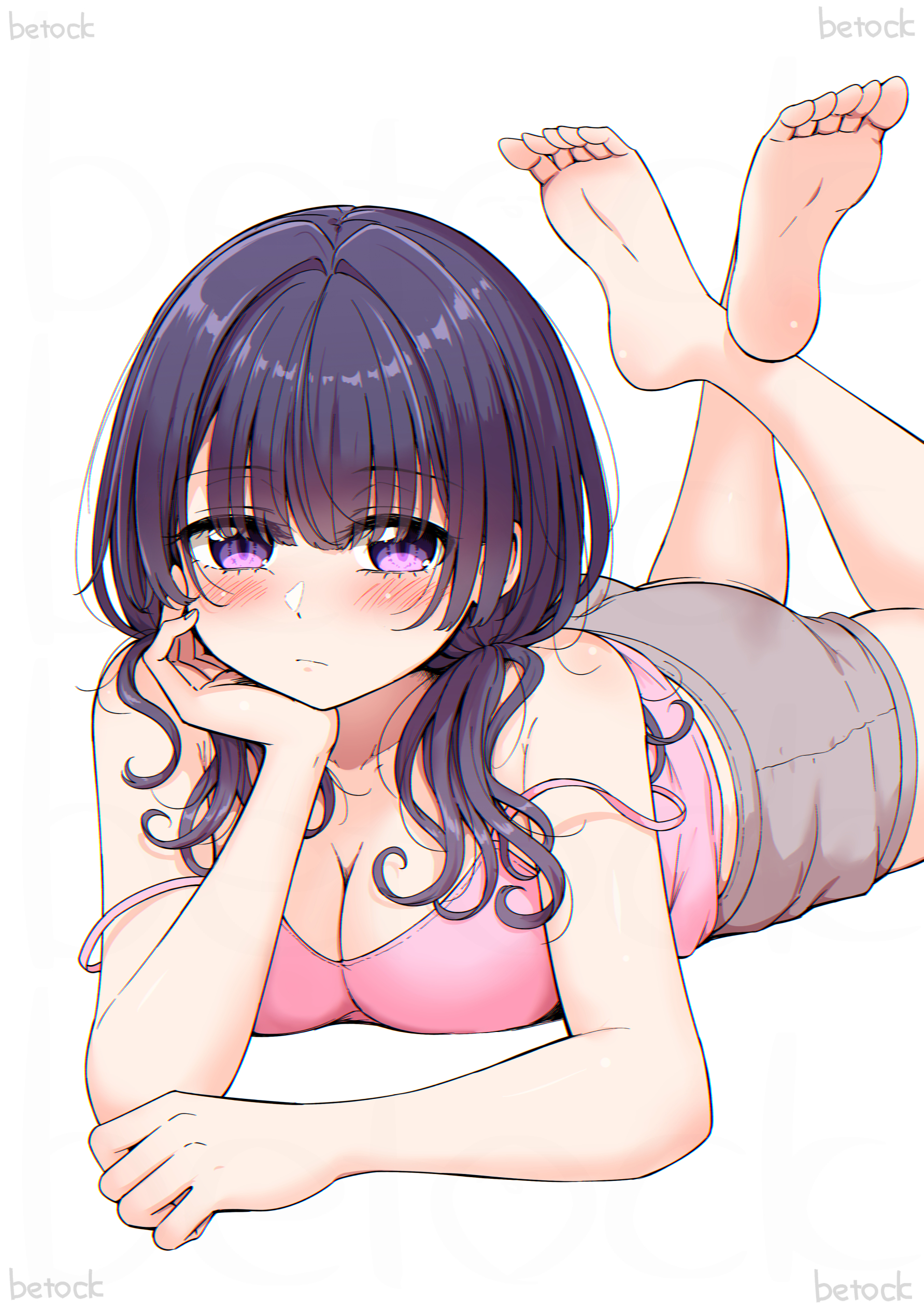 betock, original, absurdres, highres, 1girl, barefoot, blush, breasts, camisole, cleavage, closed mouth, grey shorts, long hair, low twintails, lying, on stomach, pink camisole, purple eyes, purple hair, shorts, simple background, solo, strap slip, twintails, white background