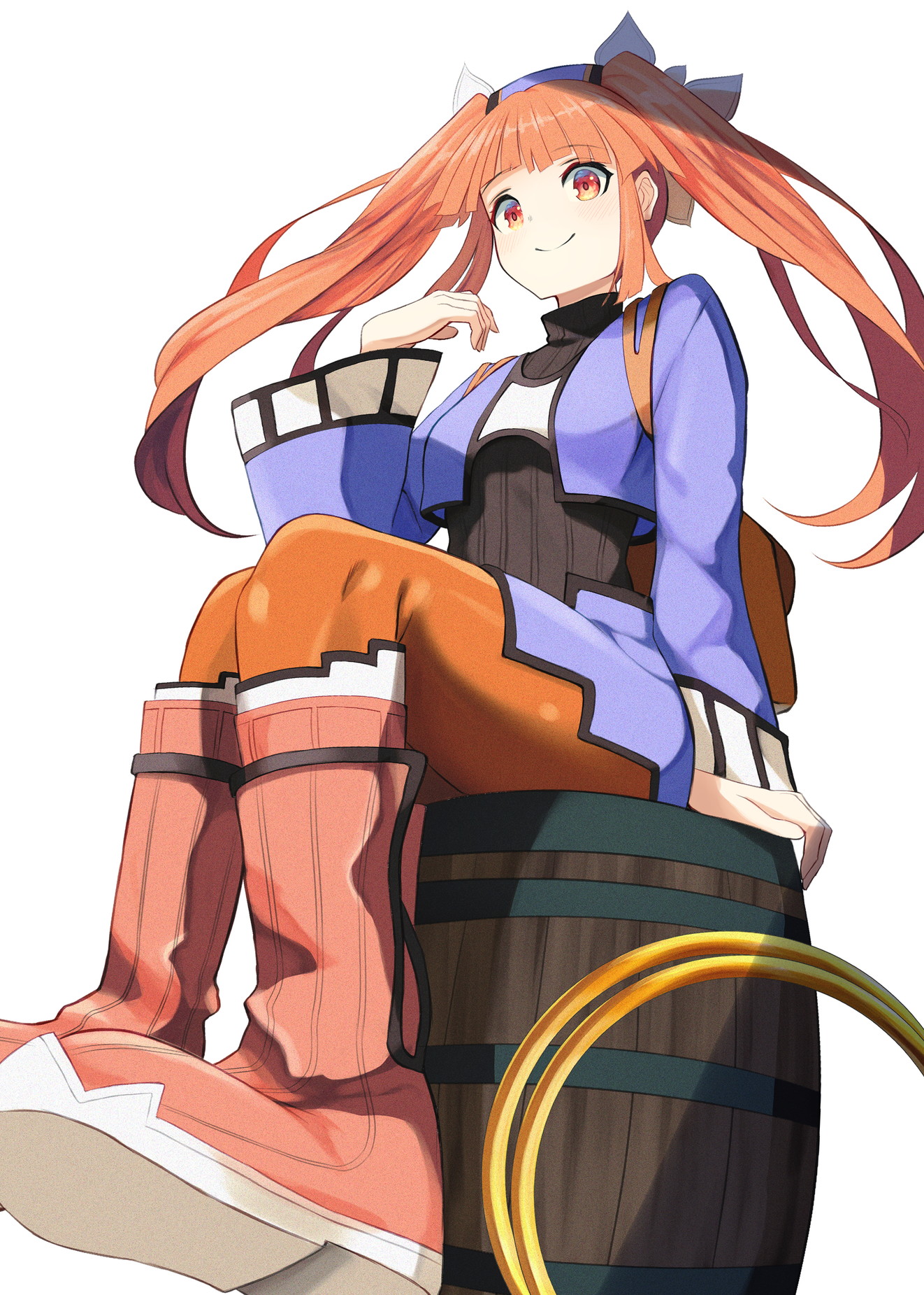 wakadori1234, mint (dewprism), dewprism, highres, 1girl, barrel, black shirt, boots, floating hair, orange eyes, orange hair, orange pantyhose, pantyhose, red boots, shirt, sidelocks, simple background, sitting, sitting on object, smile, solo, turtleneck, twintails, white background