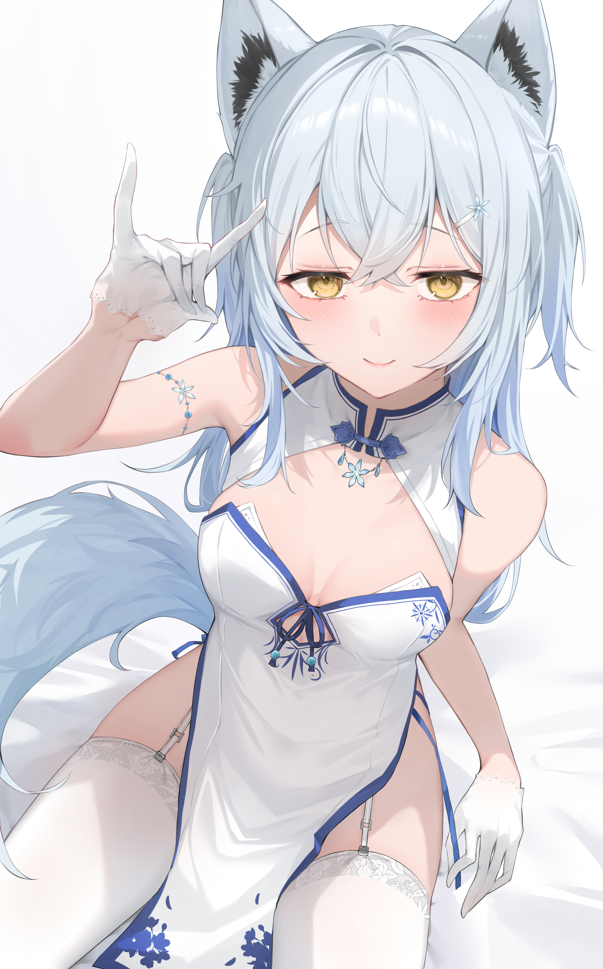koyokurosuki, original, absurdres, commission, highres, skeb commission, 1girl, bare shoulders, blue hair, breasts, china dress, chinese clothes, dress, fox shadow puppet, fox tail, garter straps, gloves, hair ornament, half gloves, long hair, looking at viewer, medium breasts, pelvic curtain, side slit, sitting, sleeveless, sleeveless dress, smile, solo, tail, thighhighs, white dress, white gloves, white thighhighs, yellow eyes