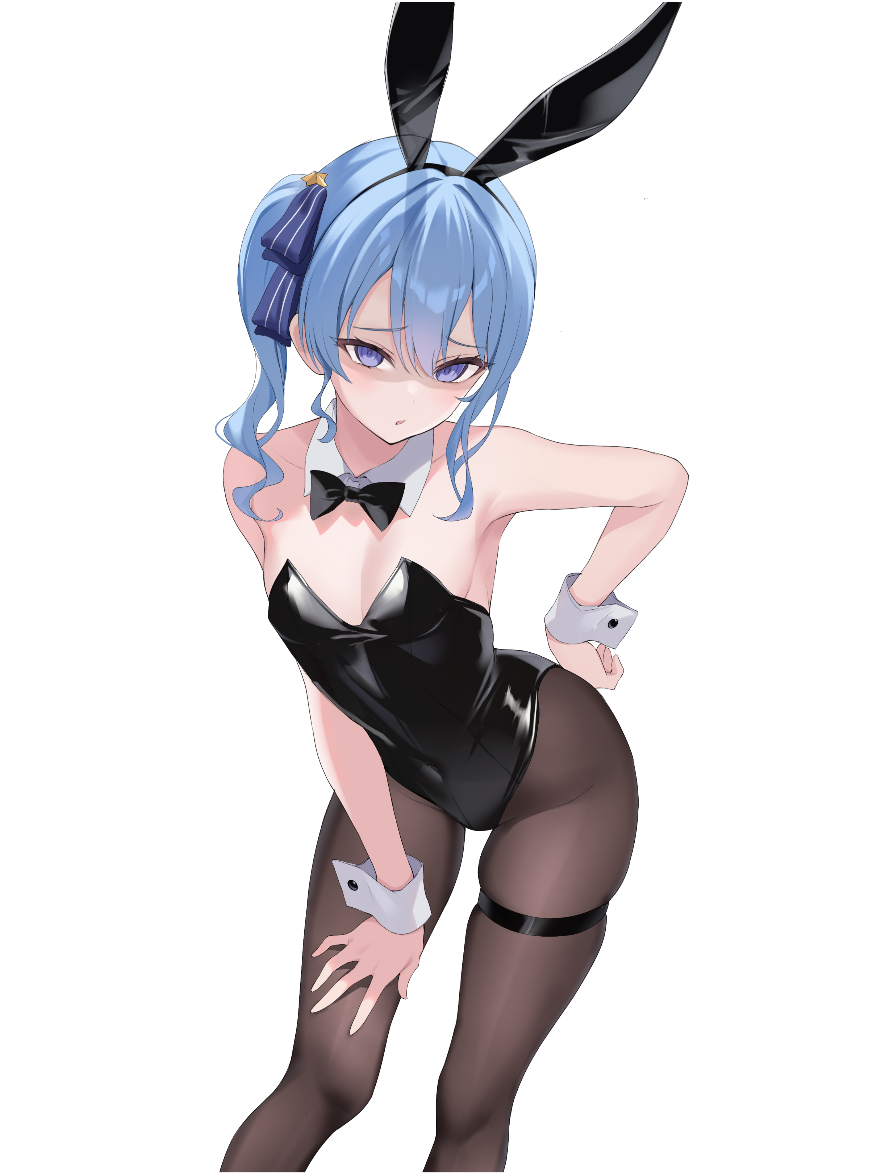 fawny, hoshimachi suisei, hololive, absurdres, commentary, english commentary, highres, 1girl, alternate costume, animal ear hairband, animal ears, asymmetrical sidelocks, bare arms, bare shoulders, black bow, black bowtie, black leotard, blue eyes, blue hair, blue ribbon, bow, bowtie, breasts, cleavage, covered navel, detached collar, double-parted bangs, fake animal ears, hair between eyes, hair ribbon, hairband, hand on own hip, hand on own knee, highleg, highleg leotard, leaning forward, leotard, looking at viewer, medium hair, pantyhose, playboy bunny, rabbit ear hairband, rabbit ears, ribbon, shaded face, side ponytail, sidelocks, simple background, small breasts, solo, strapless, strapless leotard, thigh strap, traditional bowtie, virtual youtuber, white background, white wrist cuffs, wrist cuffs