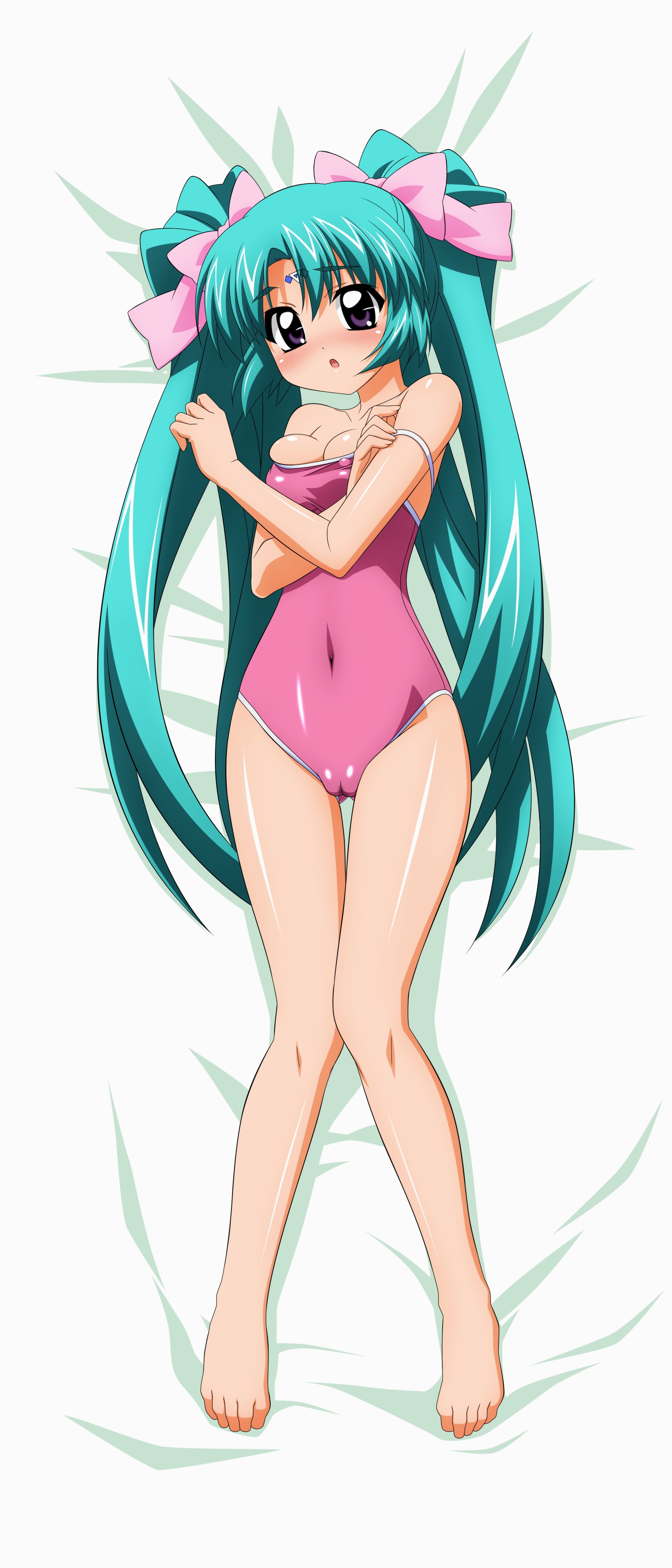 sugimura tomokazu, canal vorfeed, lost universe, absurdres, highres, 1990s (style), 1girl, blush, cameltoe, competition school swimsuit, dakimakura (medium), female focus, full body, green hair, lying, one-piece swimsuit, pink one-piece swimsuit, purple eyes, retro artstyle, ribbon, school swimsuit, solo, swimsuit, undressing