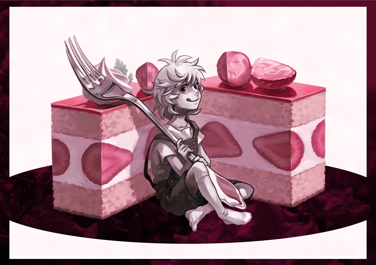 yukihiko, original, cake, cross-section, food, fork, fruit, male focus, mini person, miniboy, oversized object, pastry, solo, strawberry, tongue