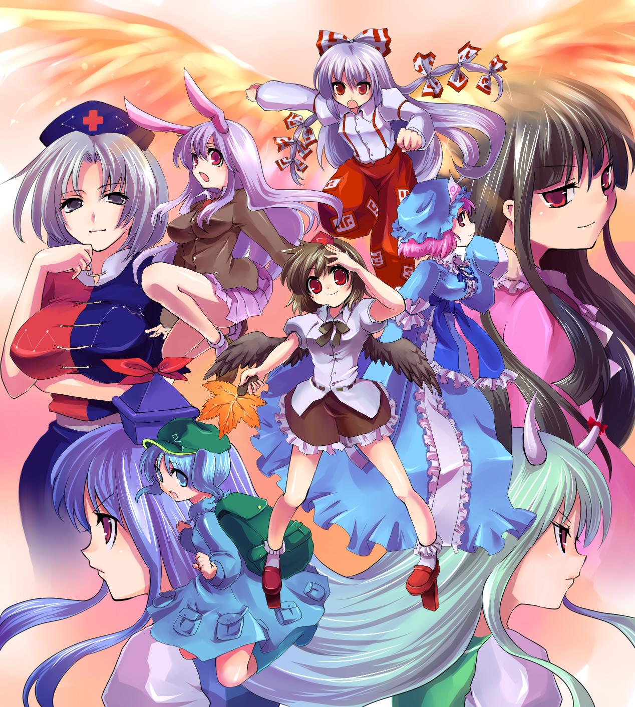 kobanzame, ex-keine, fujiwara no mokou, houraisan kaguya, kamishirasawa keine, kawashiro nitori, reisen udongein inaba, saigyouji yuyuko, shameimaru aya, yagokoro eirin, touhou, bad id, bad pixiv id, highres, 6+girls, animal ears, female focus, fiery wings, geta, horn ornament, horn ribbon, horns, multiple girls, rabbit ears, ribbon, smile, smirk, tengu-geta, two side up