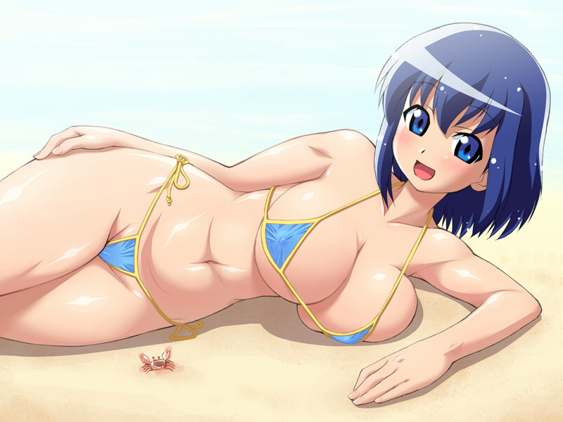 elf k, kokubunji koyori, nurse witch komugi-chan, 00s, 1girl, beach, bikini, blue bikini, blue eyes, blue hair, breast press, breasts, covered erect nipples, crab, crustacean, female focus, huge breasts, large breasts, lying, matching hair/eyes, micro bikini, navel, on side, sand, side-tie bikini bottom, solo, string bikini, swimsuit, thong bikini