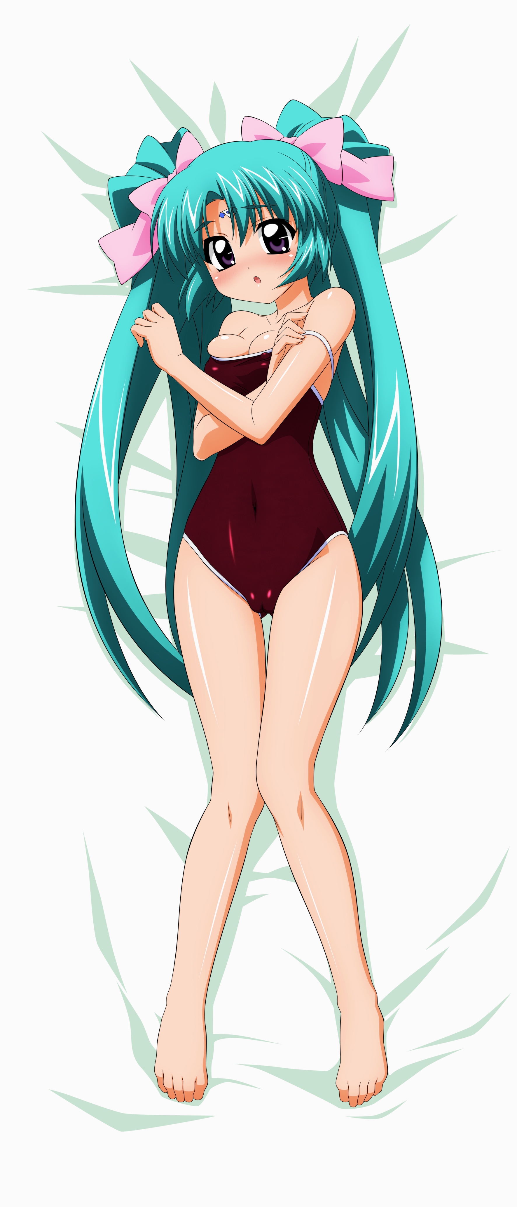 sugimura tomokazu, canal vorfeed, lost universe, absurdres, highres, 1990s (style), 1girl, blush, cameltoe, competition school swimsuit, dakimakura (medium), female focus, full body, green hair, lying, one-piece swimsuit, purple eyes, red one-piece swimsuit, retro artstyle, ribbon, school swimsuit, solo, swimsuit, undressing