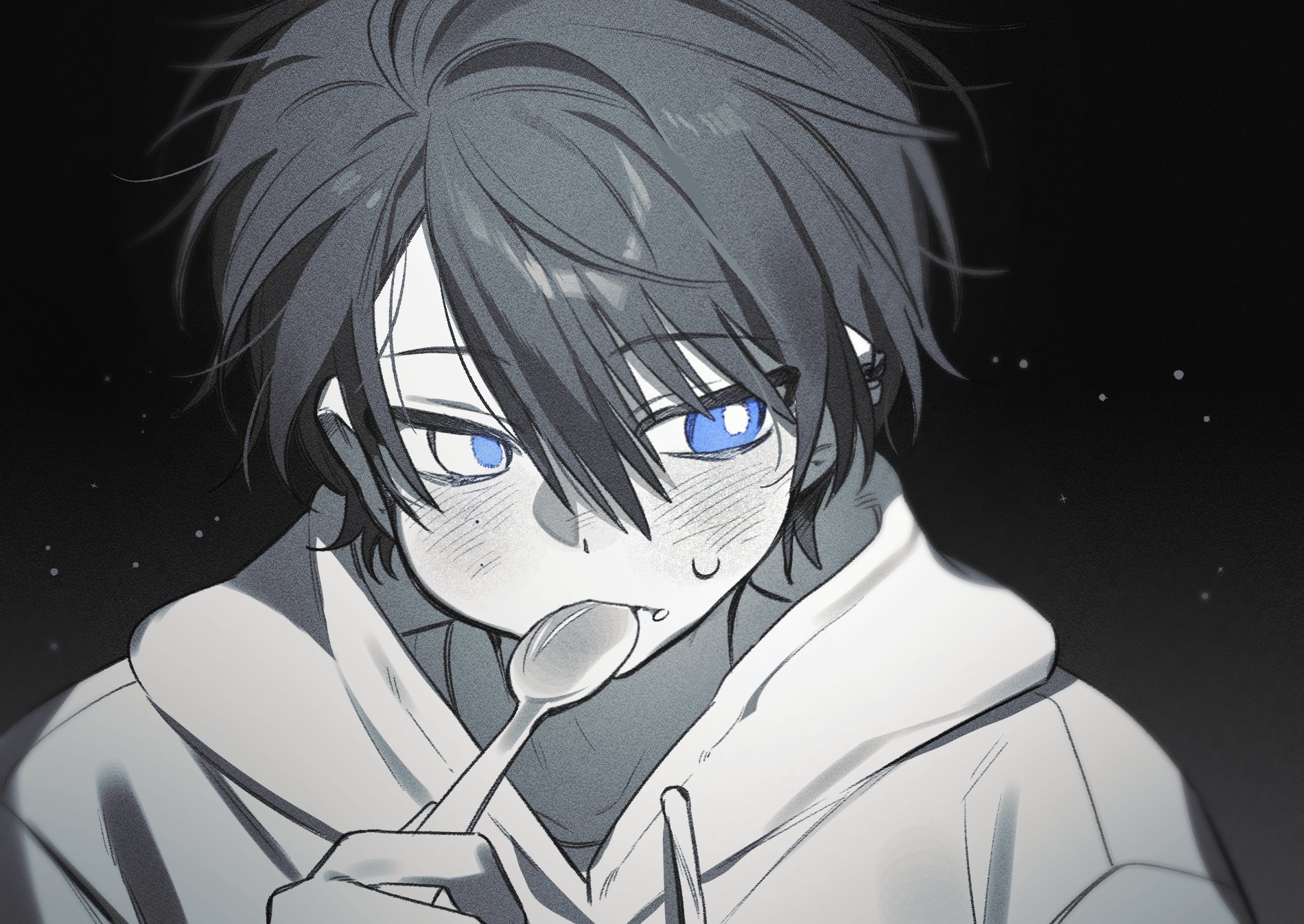 original, highres, 1boy, black background, blush, eating, fang, flee on, greyscale, hair between eyes, heterochromia, holding, holding spoon, hood, hood down, hoodie, looking at viewer, monochrome, short hair, solo, spoon, spot color, upper body, utensil in mouth
