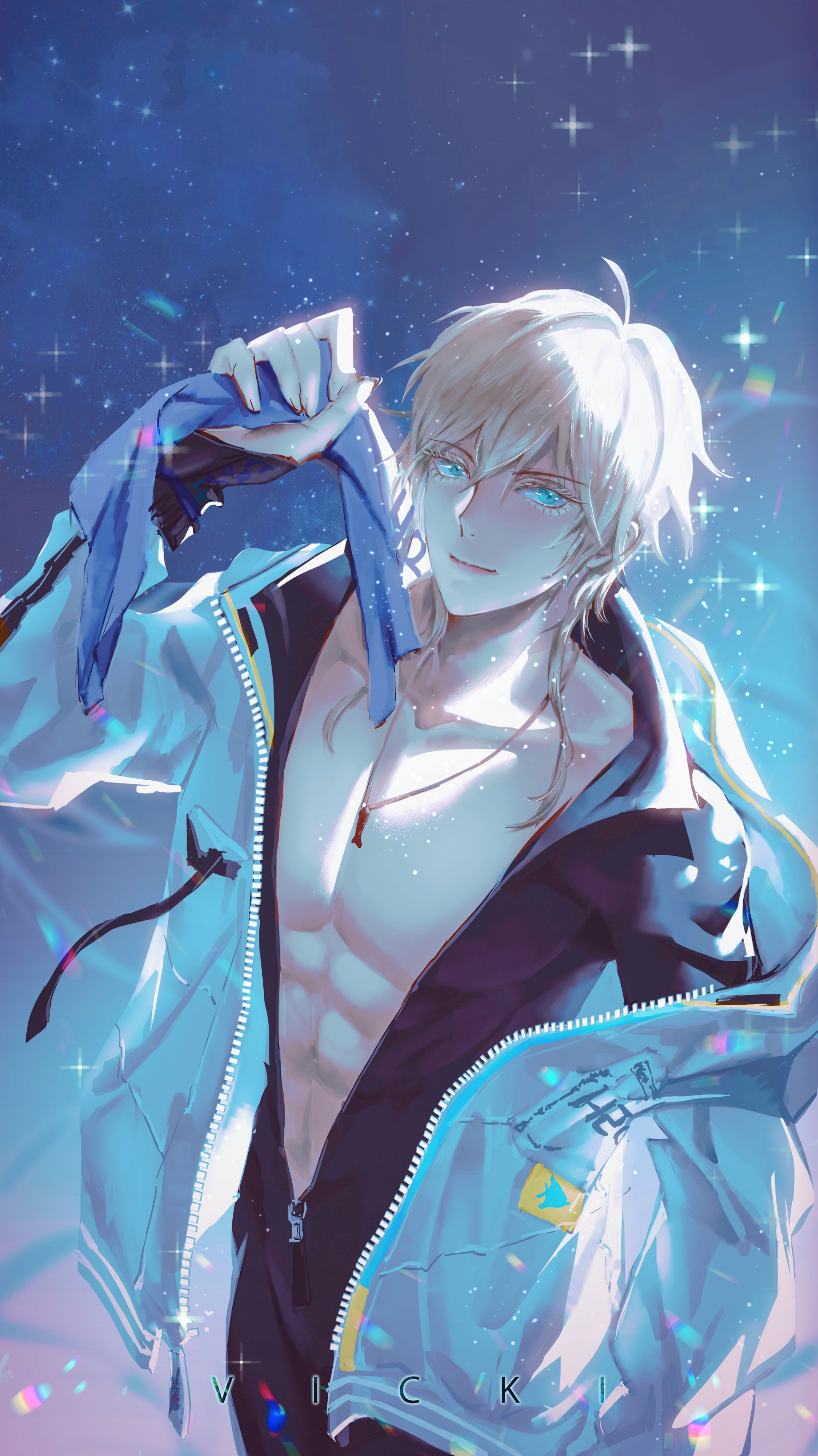 vicki yiyi, alkaid mcgrath, lovebrush chronicles, absurdres, chinese commentary, highres, 1boy, abs, ahoge, aqua eyes, artist name, black wetsuit, blonde hair, blue background, blue jacket, bodysuit, closed mouth, collarbone, cowboy shot, diving suit, fish necklace, hair between eyes, hand in pocket, hand up, holding, holding towel, hood, hood down, hooded jacket, jacket, jewelry, light particles, long sleeves, looking at viewer, male focus, male swimwear, medium hair, open clothes, open jacket, pectoral cleavage, pectorals, pendant, sleeves past wrists, smile, solo, standing, star (sky), starry sky background, toned, toned male, towel, unzipped, wetsuit, zipper pull tab