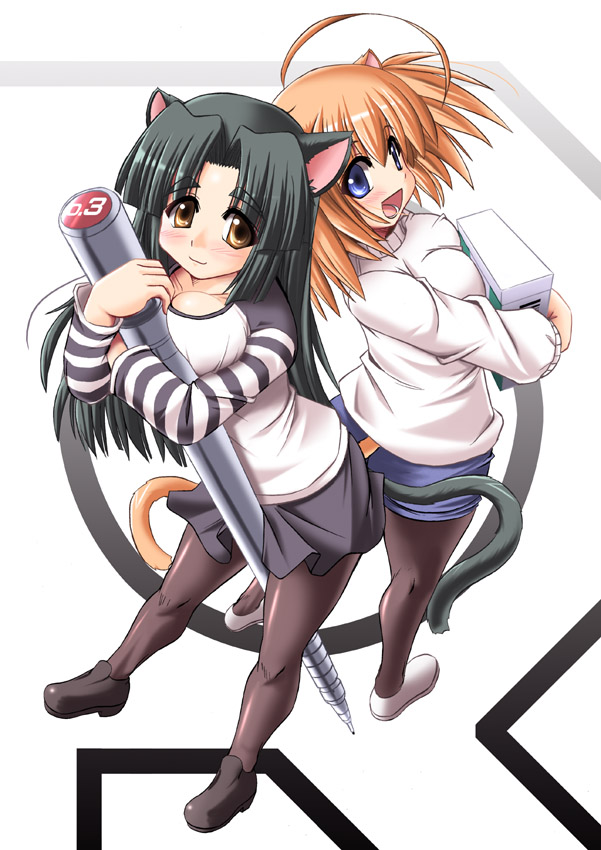 tonpuu, milk (tonpuu), pudding (tonpuu), original, 2girls, animal ears, brown hair, cat ears, cat tail, green hair, multiple girls, pantyhose, tail