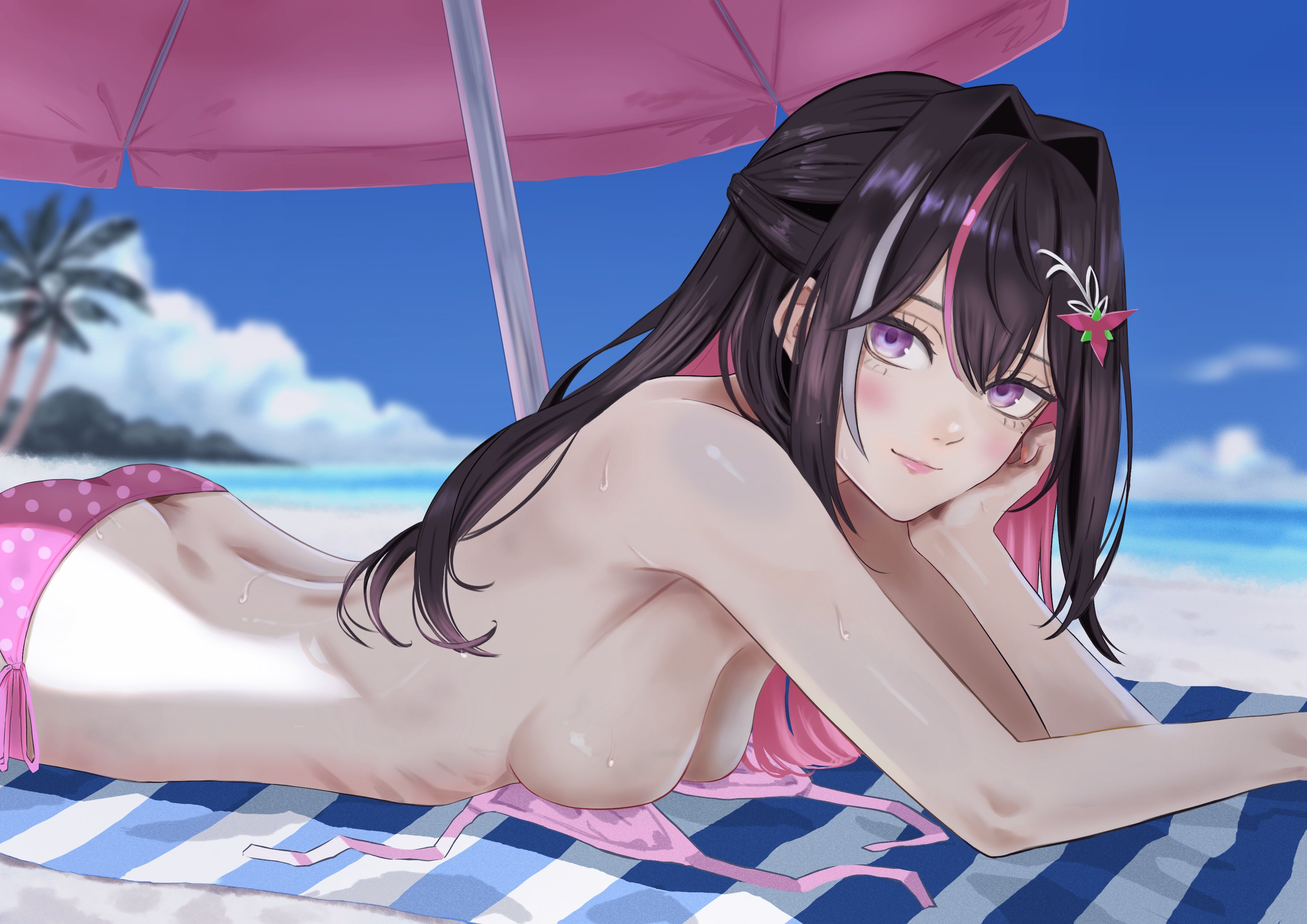 dhbwinner, azki (hololive), hololive, absurdres, commentary request, highres, 1girl, ass, beach, beach umbrella, bikini, black hair, blue sky, blurry, blurry background, bra, breasts, closed mouth, colored inner hair, day, double-parted bangs, hair intakes, hair ornament, hairclip, half updo, long hair, looking at viewer, lying, medium breasts, multicolored hair, on stomach, outdoors, pink bikini, pink hair, polka dot, polka dot bikini, purple eyes, sky, smile, solo, streaked hair, swimsuit, umbrella, underwear, untied bikini top, unworn bra, virtual youtuber, white hair