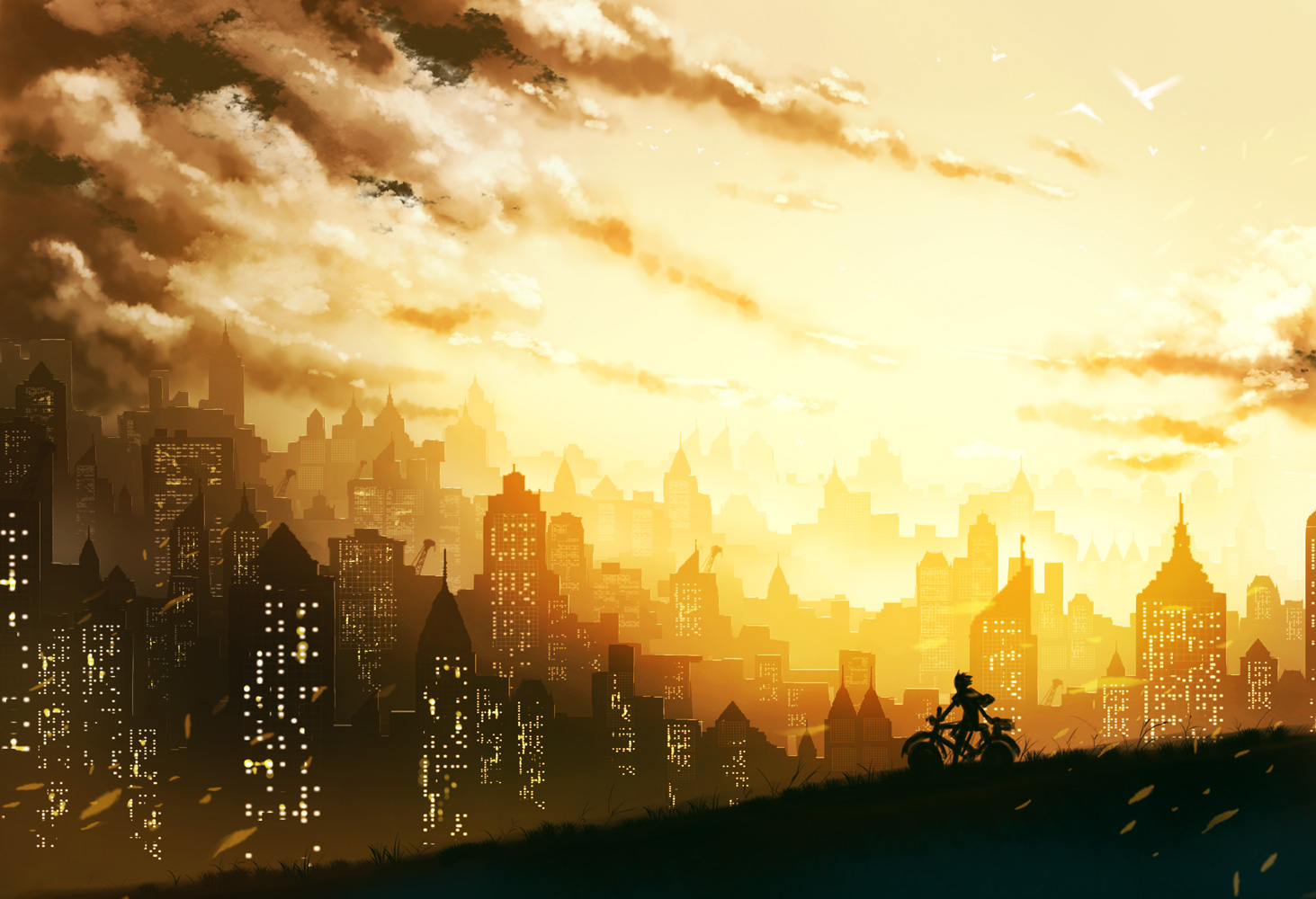 keiji asakawa, light, 1girl, bicycle, bird, city, cityscape, female focus, landscape, motion blur, outdoors, scenery, sky, solo, sunset, yellow sky, yellow theme