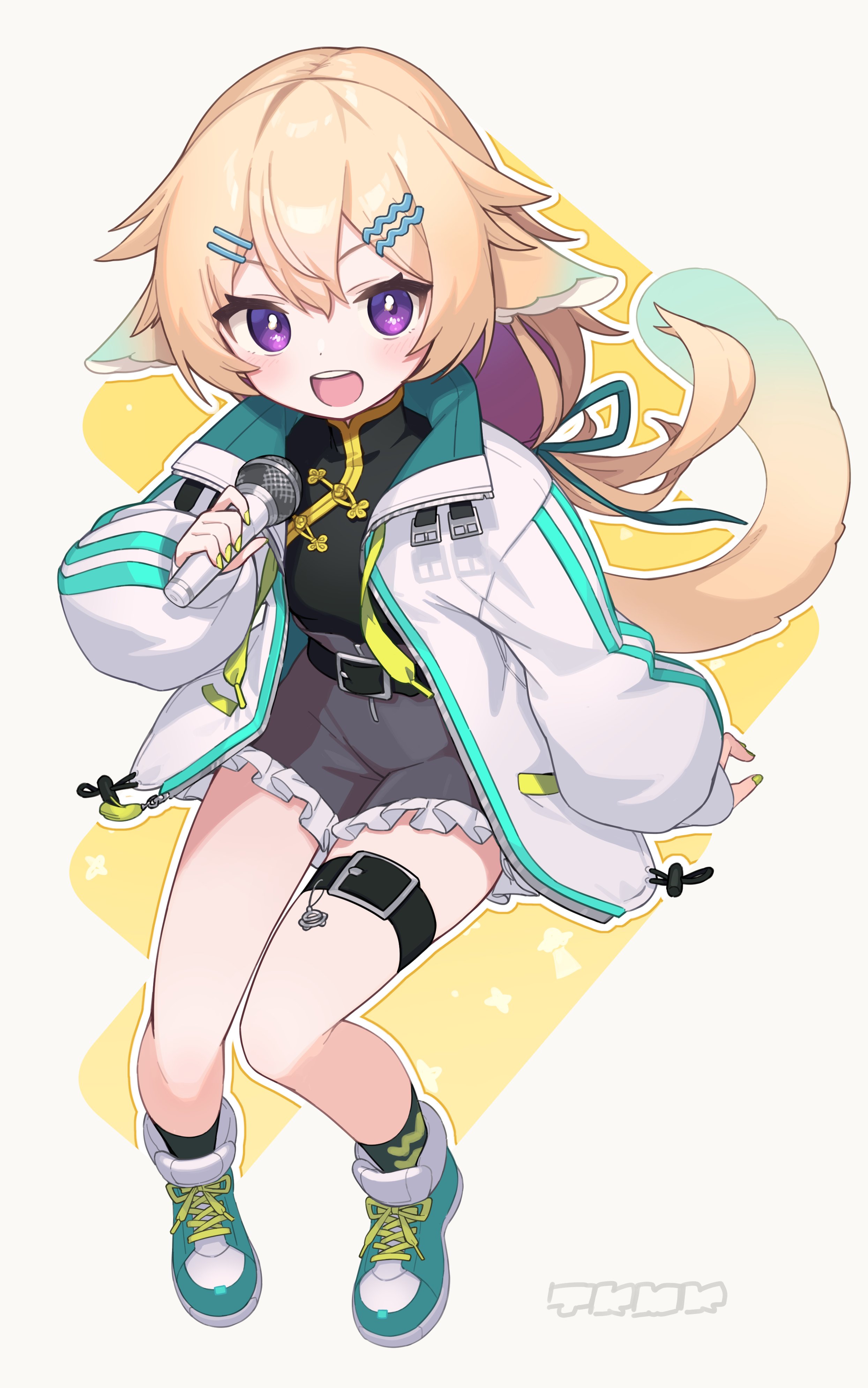tekka maki (wafuu-bune), indie virtual youtuber, absurdres, commentary, commission, hashtag-only commentary, highres, skeb commission, 1girl, :d, animal ears, belt, black belt, black shirt, black socks, blonde hair, blush, double-parted bangs, frilled shorts, frills, full body, green ribbon, green shoes, grey shorts, hair ornament, hair ribbon, hairclip, holding, holding microphone, jacket, long hair, long sleeves, looking at viewer, mandarin collar, microphone, open clothes, open jacket, open mouth, outline, parallel hairclips, purple eyes, ribbon, ryono (vtuber), shirt, shoes, shorts, signature, smile, sneakers, socks, solo, tail, thigh belt, thigh strap, virtual youtuber, white jacket, white outline