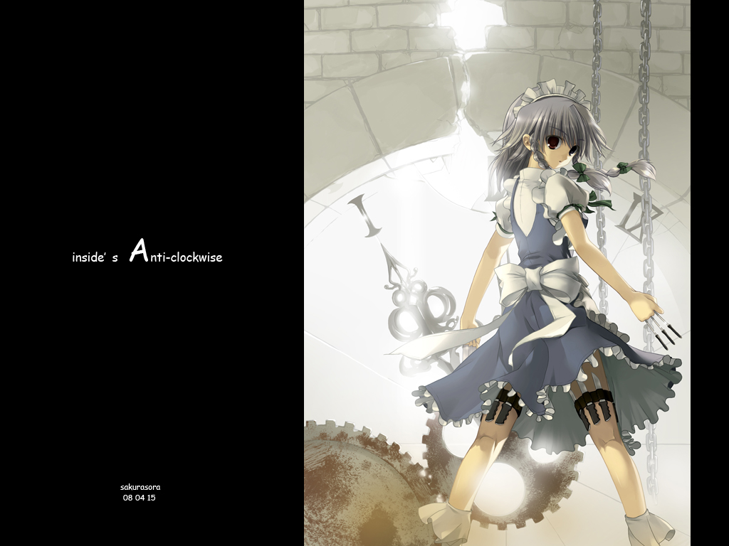 sakura sora, izayoi sakuya, touhou, silver hair, bad id, bad pixiv id, 1girl, between fingers, braid, chain, clock, female focus, holding, knife, short hair, solo, throwing knife, twin braids, weapon