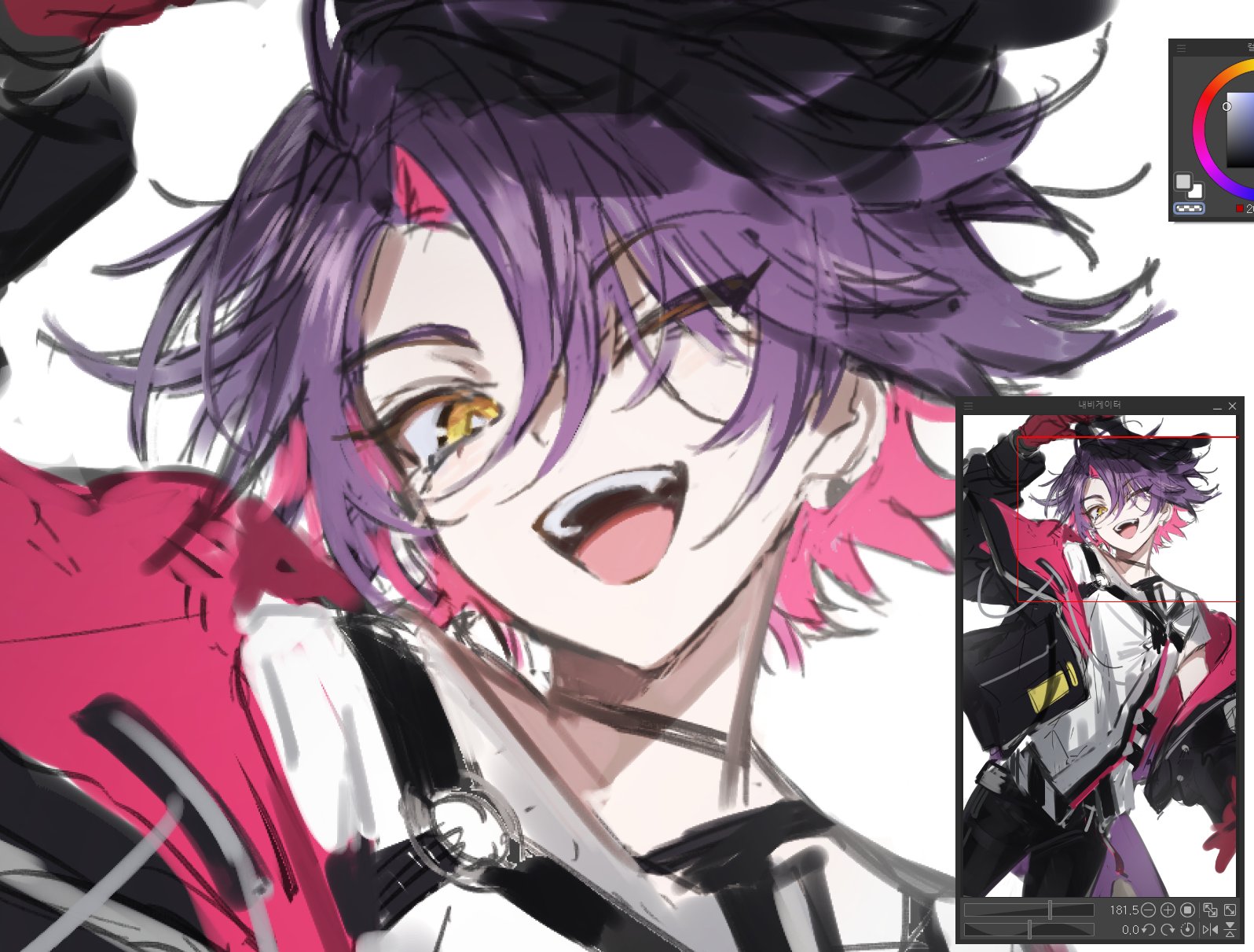 extraspiky, watarai hibari, watarai hibari (1st costume), nijisanji, highres, 1boy, black choker, black jacket, choker, colored inner hair, gloves, jacket, looking at viewer, multicolored hair, one eye closed, open mouth, pants, pink hair, purple hair, shirt, short hair, sketch, smile, solo, teeth, virtual youtuber, white background, white shirt, yellow eyes