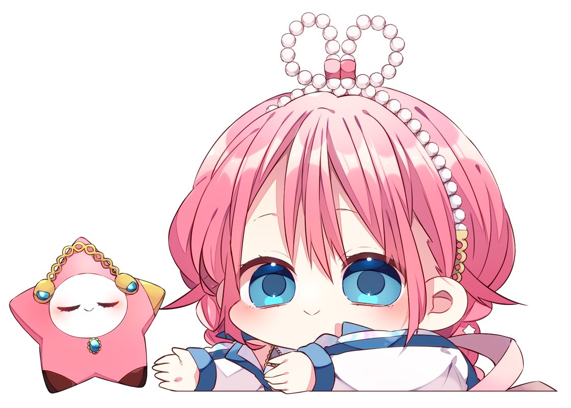 kaho 0102, megurine luka, vocaloid, commentary request, 1girl, blue eyes, blush, chibi, chibi only, closed mouth, cropped torso, double-parted bangs, long hair, long sleeves, looking at viewer, pink hair, shirt, simple background, smile, solo, white background, white shirt