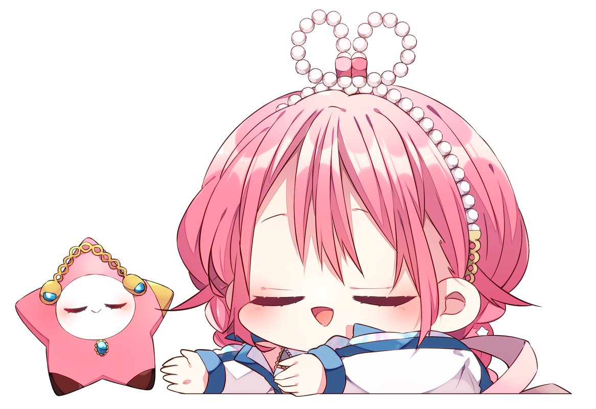 kaho 0102, megurine luka, vocaloid, commentary request, 1girl, :d, blush, chibi, chibi only, closed eyes, cropped torso, double-parted bangs, long hair, long sleeves, open mouth, pink hair, shirt, simple background, smile, solo, white background, white shirt