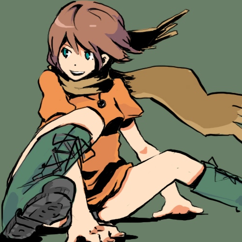 kujira, original, bad id, bad pixiv id, lowres, boots, brown hair, green eyes, scarf, short hair, sitting, solo