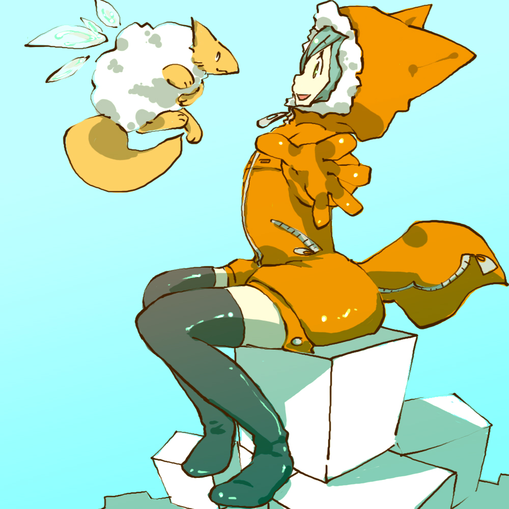 kujira, original, bad id, bad pixiv id, animal, animal ears, hood, solo, tail, thighhighs