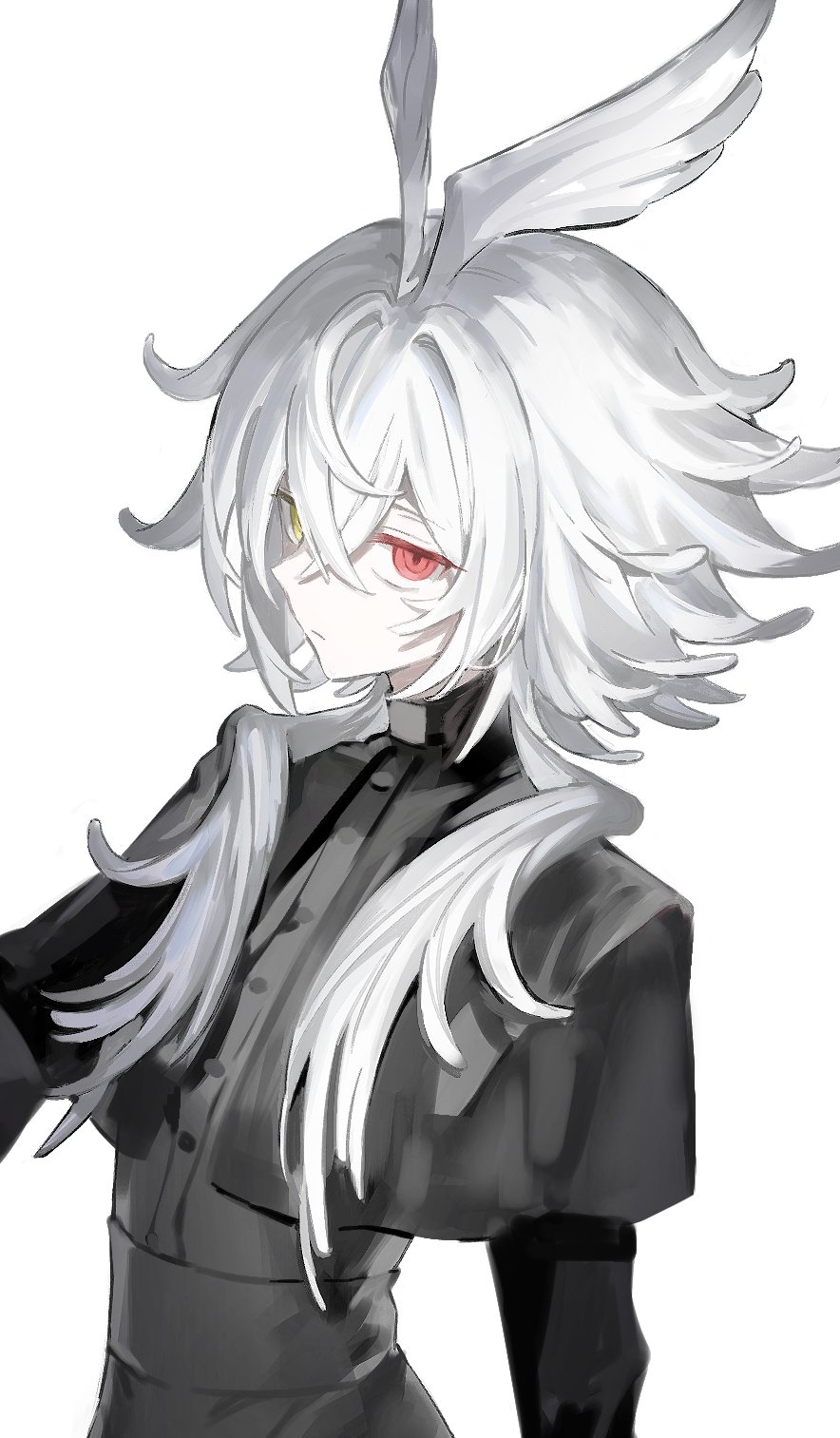 extraspiky, original, highres, 1boy, black shirt, closed mouth, head wings, heterochromia, long hair, long sleeves, looking at viewer, male focus, red eyes, shirt, simple background, solo, upper body, white background, white hair, wings, yellow eyes