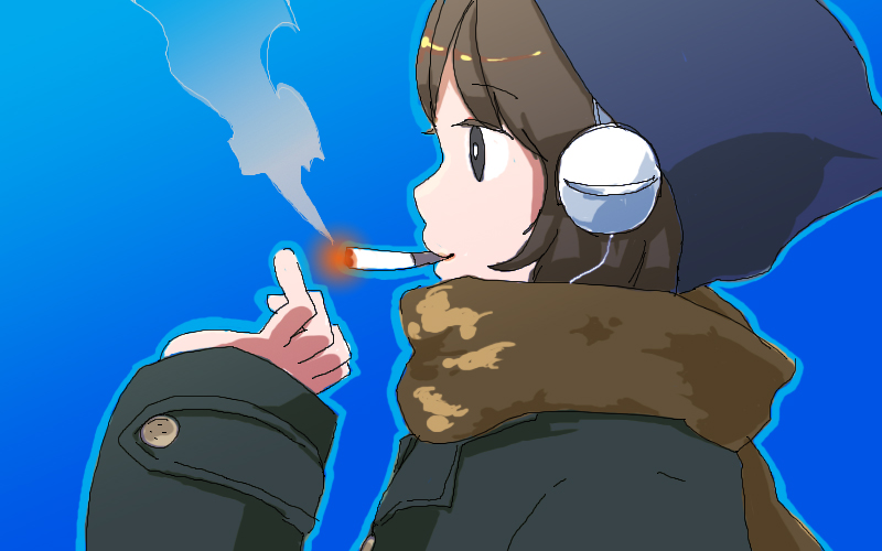 kujira, original, bad id, bad pixiv id, brown hair, cigarette, headphones, scarf, smoking, solo