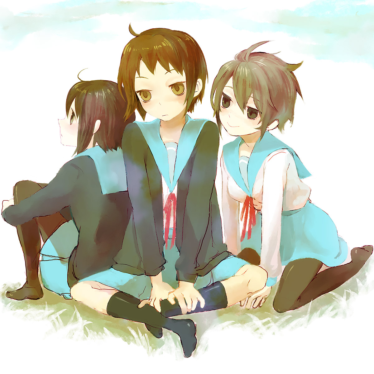 yoko (shiocolor), koizumi itsuki, koizumi itsuki (female), kunikida (suzumiya haruhi), kyonko, suzumiya haruhi no yuuutsu, bad id, bad pixiv id, highres, 00s, 3girls, black socks, genderswap, genderswap (mtf), kneehighs, multiple girls, pantyhose, school uniform, serafuku, siomusubi, socks