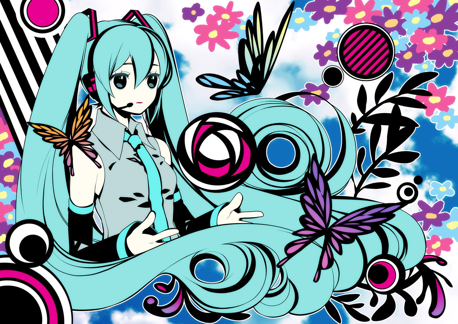 yoko (shiocolor), hatsune miku, saihate (vocaloid), vocaloid, bad id, bad pixiv id, aqua eyes, aqua hair, blue hair, bug, butterfly, detached sleeves, flower, insect, long hair, necktie, siomusubi, solo, very long hair