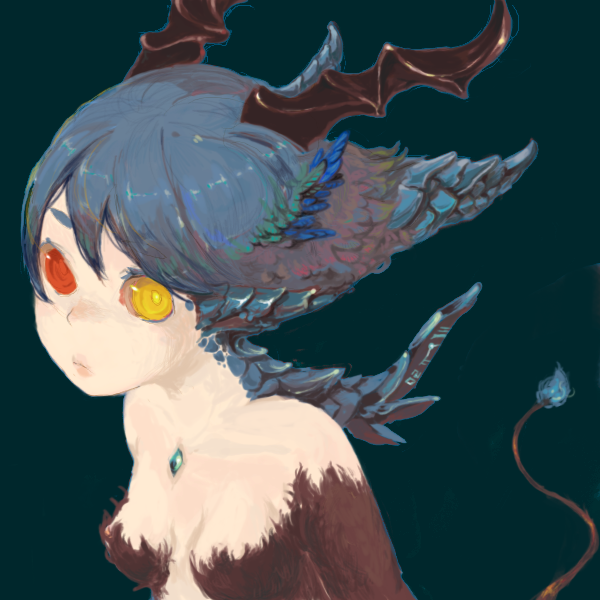 kujira, fur, bad id, bad pixiv id, 1girl, blue hair, breasts, female focus, hair wings, head wings, heterochromia, monster girl, scales, small breasts, solo, tail, wings