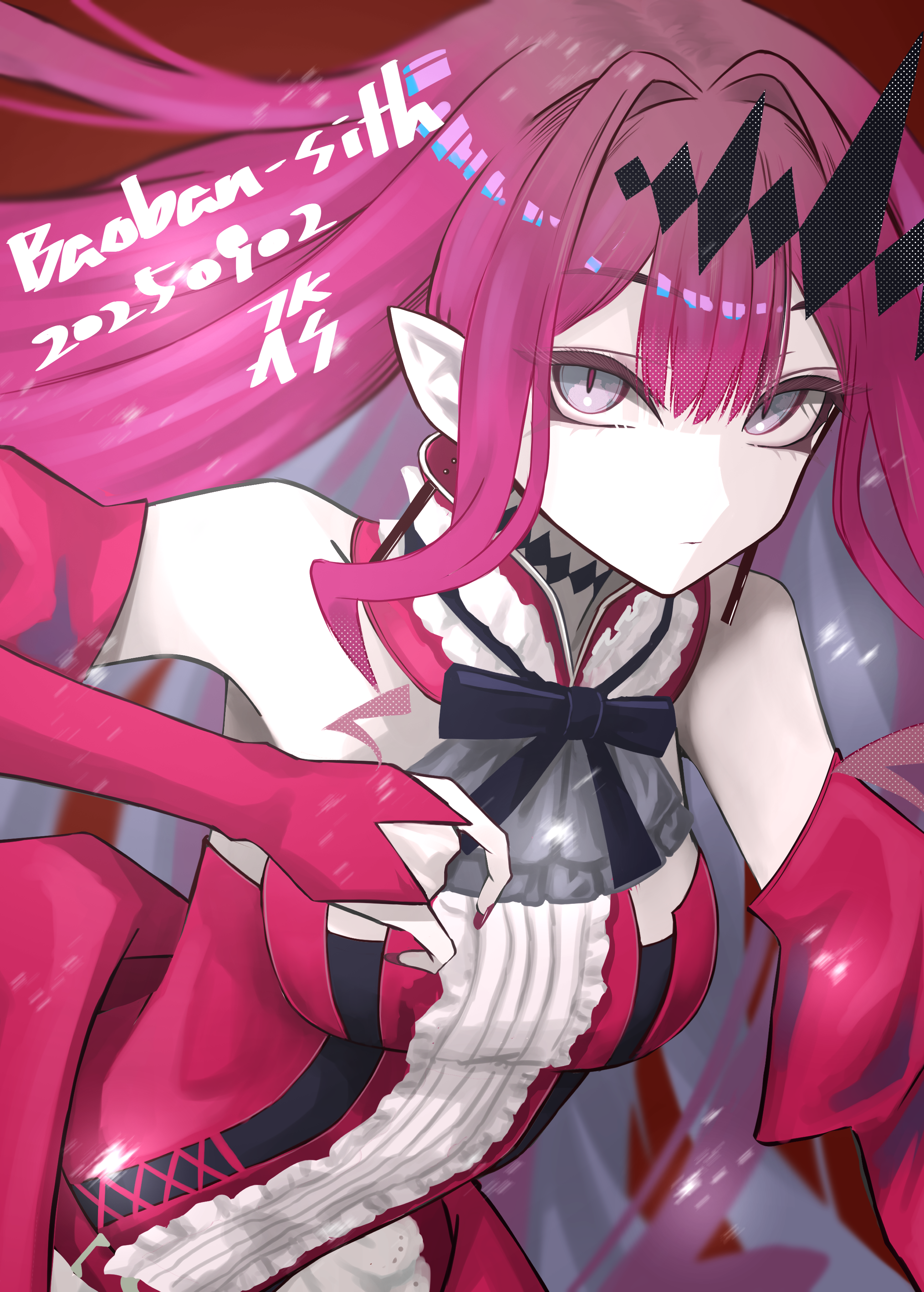 tsukaasa, baobhan sith (fate), baobhan sith (first ascension) (fate), fate/grand order, fate (series), absurdres, highres, 1girl, bare shoulders, breasts, center frills, character name, dated, detached collar, detached sleeves, dress, earrings, frills, grey eyes, jewelry, large breasts, long hair, looking at viewer, pink hair, pointy ears, red dress, sidelocks, solo, tiara