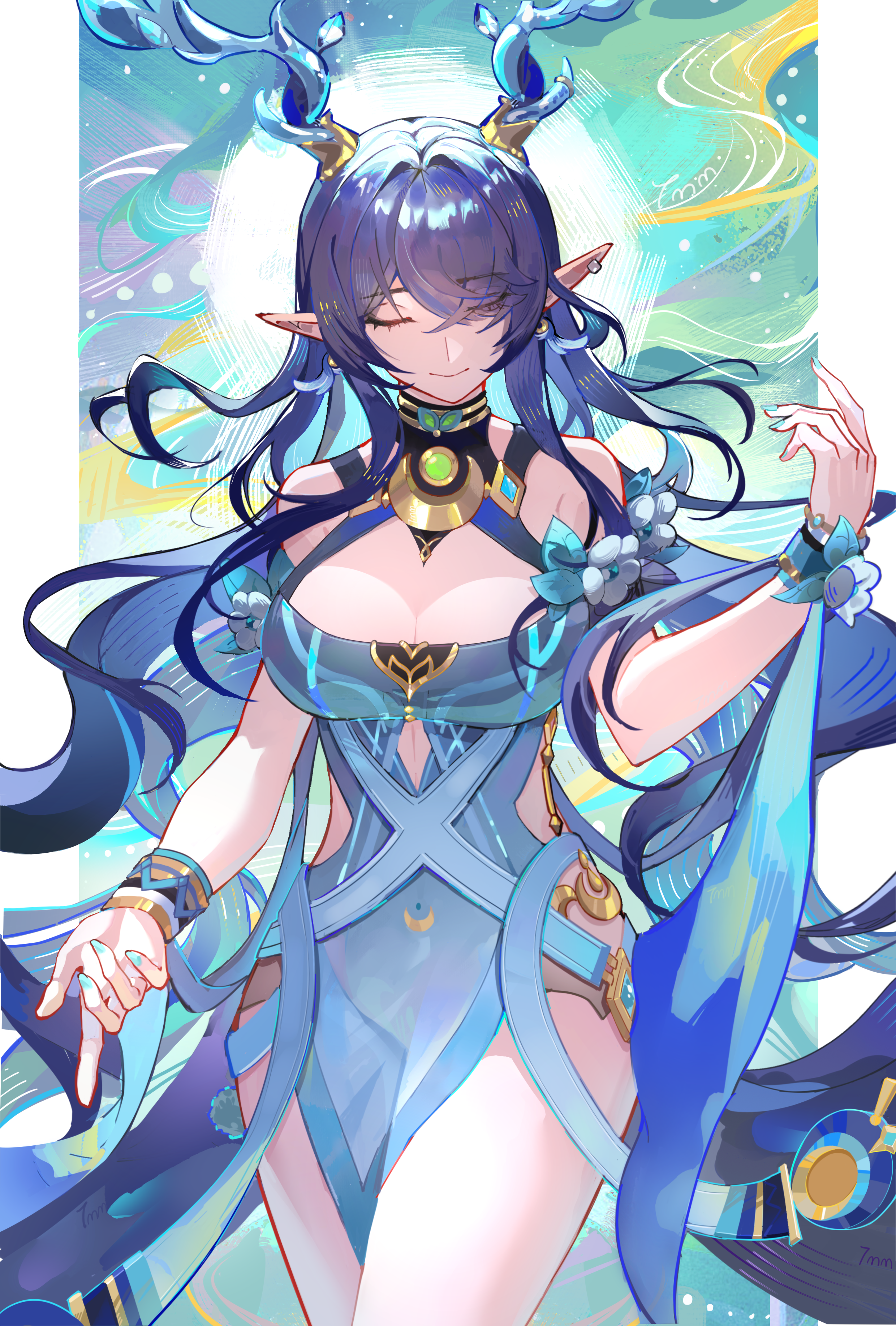 mingming8, lauma (genshin impact), genshin impact, absurdres, highres, 1girl, antlers, aqua dress, aqua nails, blue hair, bracer, breasts, cleavage, closed eyes, closed mouth, deer antlers, deer girl, dress, hair over one eye, highleg, highleg dress, horns, large breasts, long hair, pelvic curtain, pillarboxed, pointy ears, smile, solo
