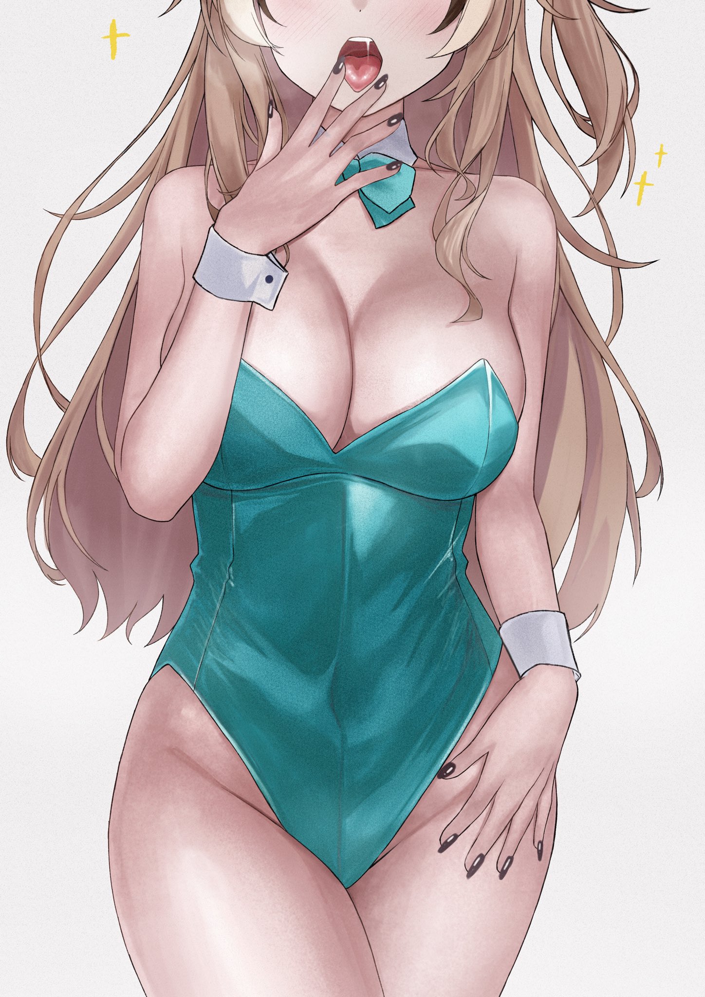 unmeidesu, nanashi mumei, hololive, hololive english, commentary, english commentary, highres, revision, 1girl, aqua bow, aqua bowtie, aqua leotard, black hair, bow, bowtie, breasts, brown hair, cleavage, detached collar, eyes out of frame, hand on own hip, hand up, head out of frame, large breasts, leotard, long hair, multicolored hair, nail polish, open mouth, playboy bunny, simple background, solo, standing, strapless, strapless leotard, streaked hair, teeth, tongue, tongue out, upper teeth only, virtual youtuber, white background, wrist cuffs